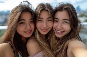 ai gerado grupo selfie do três jovem mulheres foto
