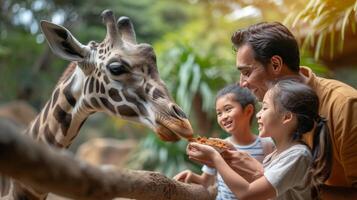 ai gerado feliz família alimentando uma girafa às a jardim zoológico foto