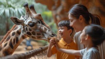 ai gerado feliz família alimentando uma girafa às a jardim zoológico foto