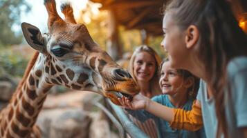 ai gerado feliz família alimentando uma girafa às a jardim zoológico foto