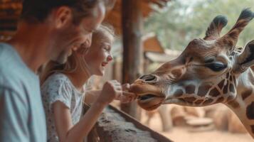 ai gerado feliz família alimentando uma girafa às a jardim zoológico foto