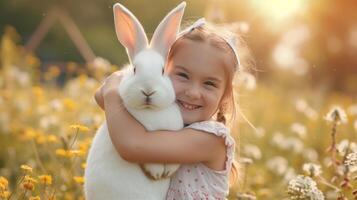 ai gerado feliz pequeno menina abraçando uma ampla branco Coelho em a fundo do uma verão ensolarado jardim foto