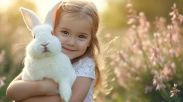 ai gerado feliz pequeno menina abraçando uma ampla branco Coelho em a fundo do uma verão ensolarado jardim foto