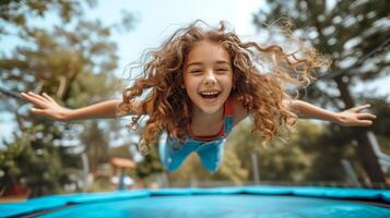 ai gerado alegre encaracolado menina pulando em uma trampolim dentro a parque foto