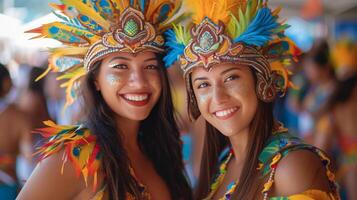 ai gerado dois lindo jovem mulheres vestido festivamente às a carnaval dentro cidade foto