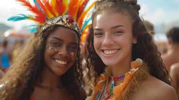 ai gerado dois lindo jovem mulheres vestido festivamente às a carnaval dentro cidade foto
