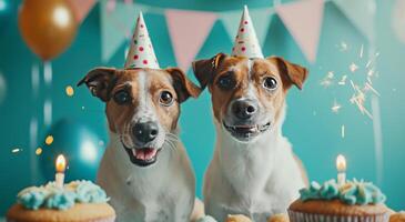 ai gerado dois cachorros dentro frente do uma aniversário bolo foto