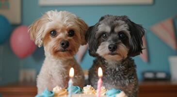 ai gerado dois cachorros dentro frente do uma aniversário bolo foto