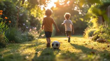 ai gerado dois espanhol Rapazes 10 anos velho jogar futebol dentro a verão jardim foto