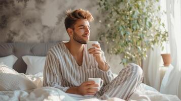 ai gerado jovem bonito homem dentro listrado pijamas bebidas café enquanto sentado em a cama foto