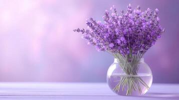 ai gerado uma ramalhete do lavanda flores carrinhos dentro uma transparente vidro vaso em uma minimalista brilhante fundo foto