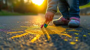 ai gerado uma criança desenha a Sol com giz de cera em a asfalto. Primavera ensolarado dia foto