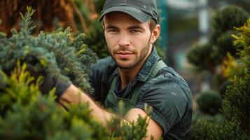 ai gerado uma jovem bonito jardineiro dentro uma Sombrio verde avental guarnições uma Thuja para dentro uma volta forma foto