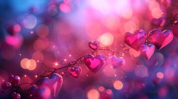 ai gerado lindo borrado fundo com Rosa corações e transparente bokeh luzes foto