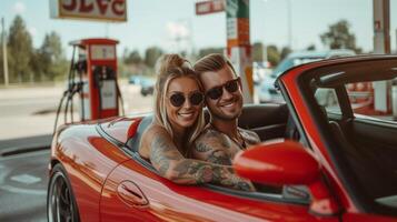 ai gerado lindo casal com tatuagens sentado dentro uma vermelho Esportes carro às uma gás estação foto