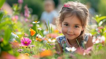ai gerado crianças jogar dentro a verão ensolarado jardim foto