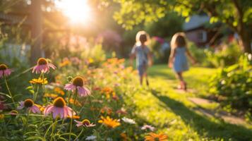 ai gerado crianças jogar dentro a verão ensolarado jardim foto