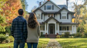 ai gerado corretor de imóveis mostra clássico americano casa para jovem casal compradores foto