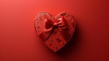 ai gerado vermelho caixa dentro a forma do uma coração com uma arco em uma minimalista vermelho fundo foto