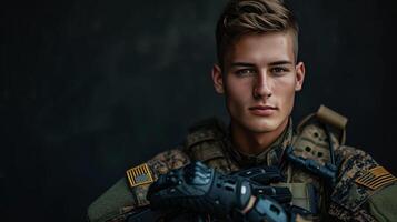 ai gerado jovem bonito militares homem com biônico protético braço foto