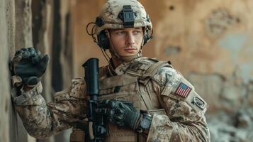 ai gerado jovem bonito militares homem com biônico protético braço foto
