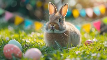 ai gerado uma lindo fofo Páscoa Coelho esconde colorida ovos dentro a verde Relva e parece às a Câmera foto