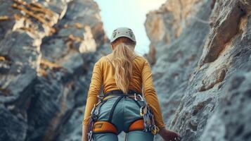 ai gerado uma lindo menina com uma Rocha alpinista é escalada a montanha foto