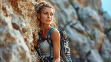 ai gerado uma lindo menina com uma Rocha alpinista é escalada a montanha foto