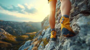 ai gerado uma lindo menina com uma Rocha alpinista é escalada a montanha foto