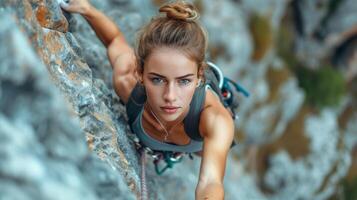 ai gerado uma lindo menina com uma Rocha alpinista é escalada a montanha foto