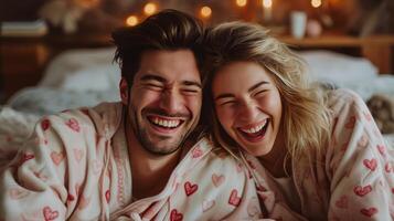 ai gerado uma feliz casal dentro Coincidindo pijamas risos enquanto deitado dentro cama foto