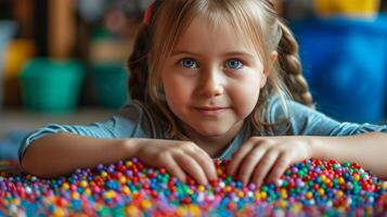 ai gerado uma pequeno menina do oito anos velho coleta miçangas para ela mesma a partir de multicolorido plástico volta miçangas foto