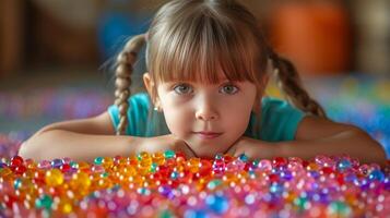 ai gerado uma pequeno menina do oito anos velho coleta miçangas para ela mesma a partir de multicolorido plástico volta miçangas foto