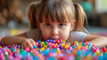 ai gerado uma pequeno menina do oito anos velho coleta miçangas para ela mesma a partir de multicolorido plástico volta miçangas foto