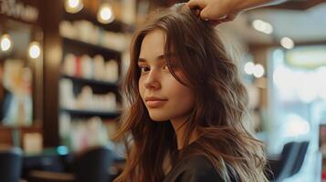 ai gerado uma jovem lindo menina cabeleireiro faz a cabelo do uma lindo morena dentro uma beleza salão foto