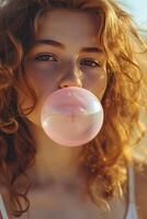 ai gerado lindo menina golpes uma grande Rosa bolha a partir de bolha Chiclete foto