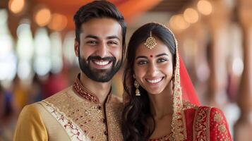 ai gerado feliz lindo e indiano casal sorridente olhando às Câmera enquanto em pé contra borrado indiano foto