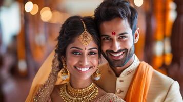 ai gerado feliz lindo e indiano casal sorridente olhando às Câmera enquanto em pé contra borrado indiano foto