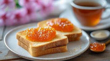 ai gerado torrada com laranja geléia espalhar mentiras em uma branco prato foto