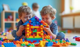 ai gerado dois criança de cinco anos Rapazes estão construção uma casa a partir de uma multicolorido construção conjunto foto