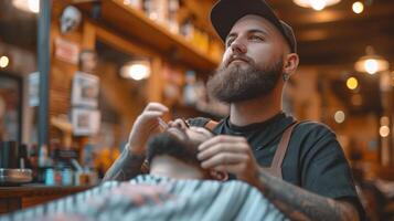ai gerado jovem bonito barbeiro dá uma corte de cabelo para uma brutal homem dentro uma barbearia foto