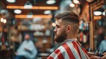 ai gerado jovem bonito barbeiro dá uma corte de cabelo para uma brutal homem dentro uma barbearia foto