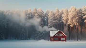 ai gerado uma brilhante Borgonha de madeira casa carrinhos sozinho dentro a meio do uma ampla inverno floresta foto