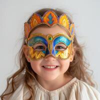 ai gerado uma criança de cinco anos menina vestindo uma carnaval mascarar risos e parece às a Câmera em uma branco isolado foto