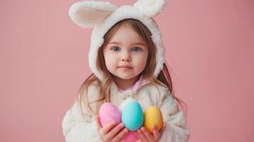 ai gerado uma pequeno menina dentro uma branco lebre traje detém colorida Páscoa ovos dentro dela mãos em uma Rosa minimalista fundo foto
