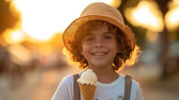 ai gerado uma alegre jovem sabores uma waffle cone em uma verão passear foto