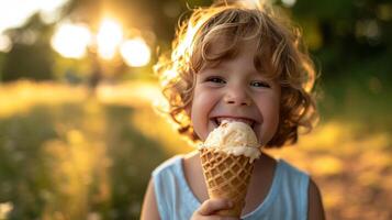 ai gerado uma alegre jovem sabores uma waffle cone em uma verão passear foto
