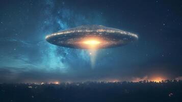 ai gerado uma UFO é vôo dentro a noite céu foto