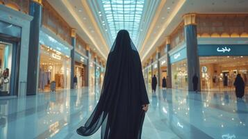 ai gerado uma jovem lindo árabe mulher dentro uma Preto abaya anda em através uma ampla compras Centro foto