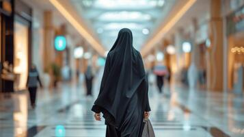 ai gerado uma jovem lindo árabe mulher dentro uma Preto abaya anda em através uma ampla compras Centro foto